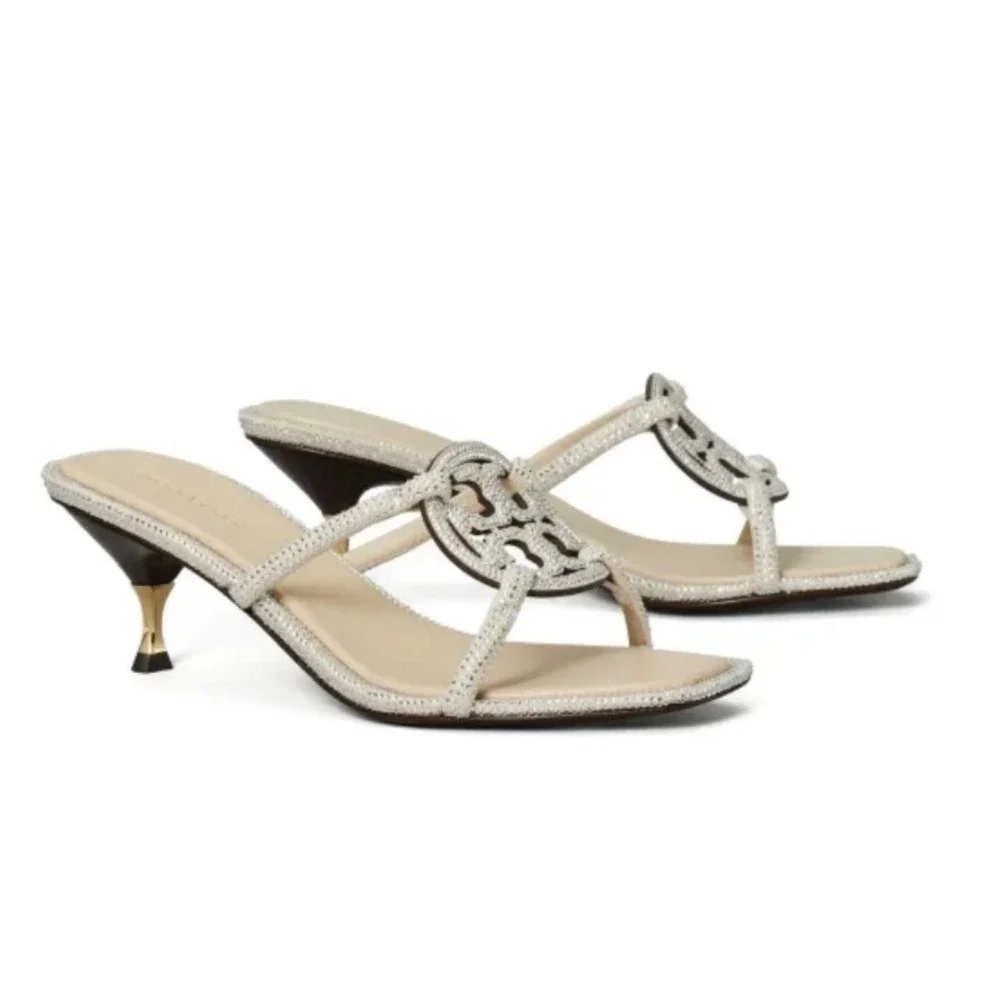 Tory Burch Miller‎ Crystal Sandals Women 7M Kitten Heel Logo Guest Rhinestone